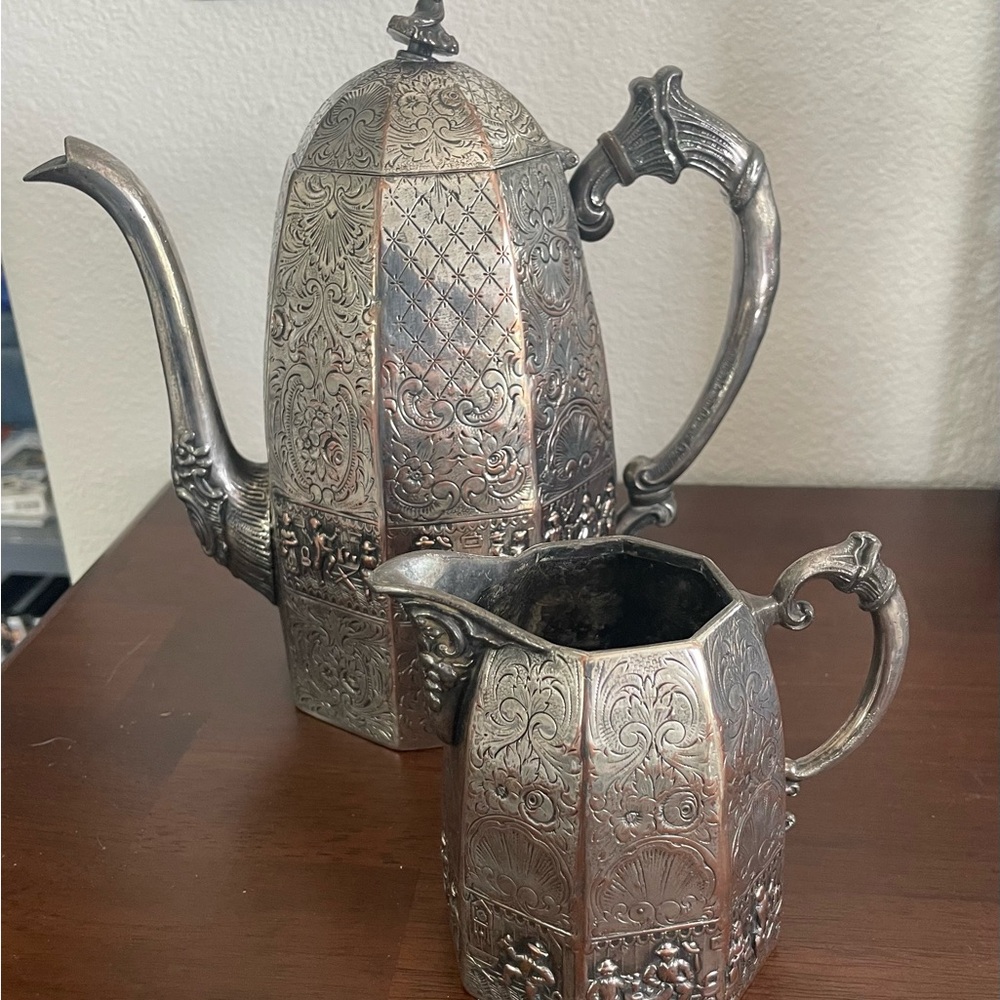 Webster & Sons Ornate Silver-Tone Tea Set - Decorative Coffee Pot and Creamer